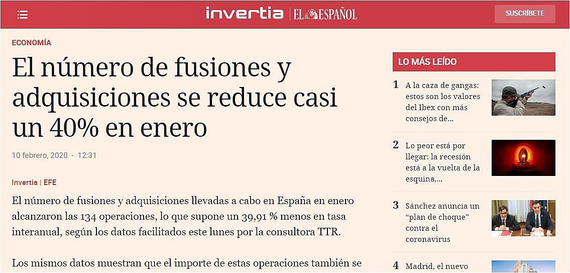 El nmero de fusiones y adquisiciones se reduce casi un 40% en enero